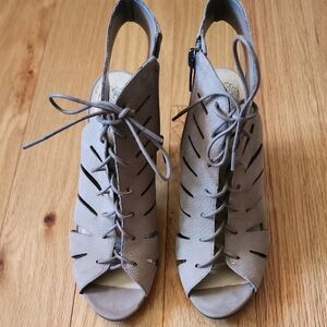 Vince Camuto Taupe Lace-Up Peep-Toe Boots